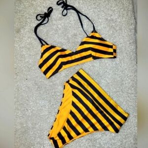 AERIE high Waist Striped BIKINI with Shoulder Tie Top. Size M